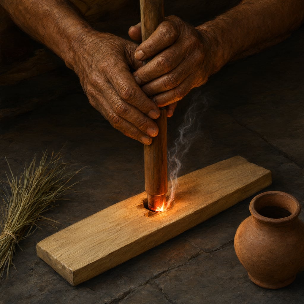The araṇi fire-sticks at the moment the first ember appears