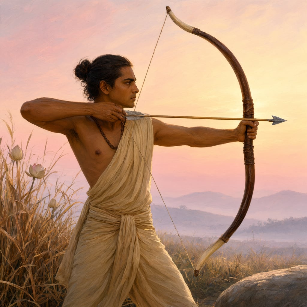 An archer at full draw, gaze fixed on a distant mark