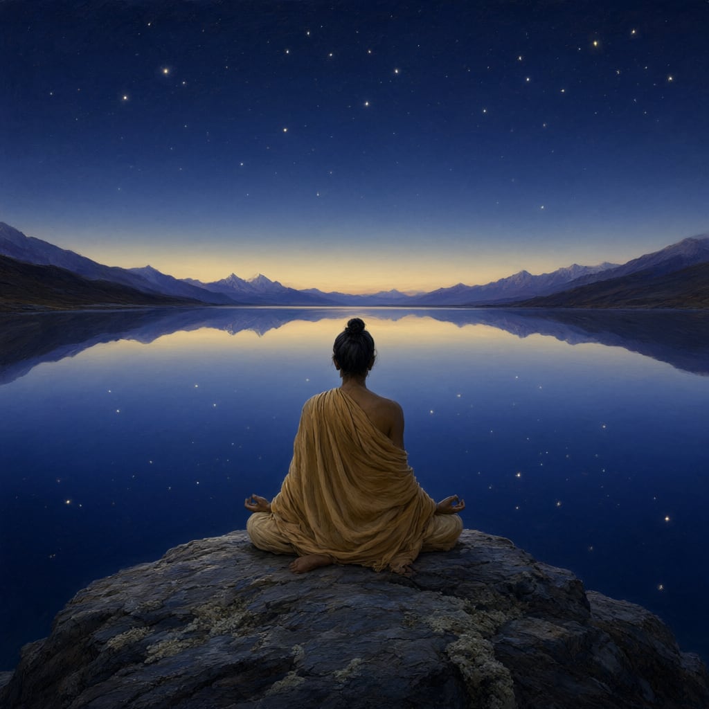 A solitary meditator seated before a still lake at dawn