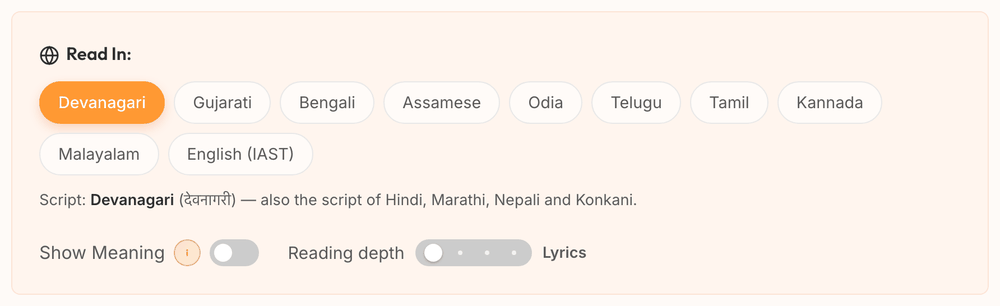 The Read In control, showing pills for Devanagari, Gujarati, Bengali, Assamese, Odia, Telugu, Tamil, Kannada, Malayalam and English (IAST).